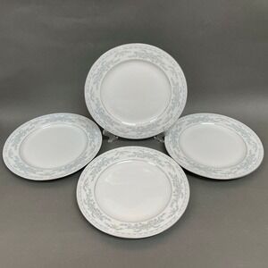 Somerset by NL Excel Dinner Plates White Blue Floral Platinum Trim Lot of 4